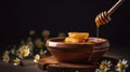 Honey dripping from honey dipper in wooden bowl. Healthy organic Thick honey dipping from the wooden honey spoon, generative ai Royalty Free Stock Photo