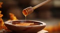 Honey dripping from honey dipper in wooden bowl. Healthy organic Thick honey dipping from the wooden honey spoon, generative ai Royalty Free Stock Photo