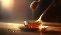 Honey dripping from honey dipper in wooden bowl. Royalty Free Stock Photo