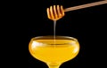 Honey dripping, pouring from honey dipper into glass bowl on black background. Healthy organic thick honey dipping from Royalty Free Stock Photo
