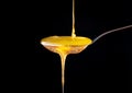 Honey dripping, pouring from spoon on a black isolated background. Thick viscous honey molasses flowing. Close up of Royalty Free Stock Photo