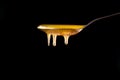 Honey dripping, pouring from spoon on a black isolated background. Thick viscous honey molasses flowing. Close up of Royalty Free Stock Photo