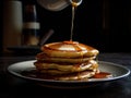 Honey dripping on the stack of pancakes for breakfast on the wooden table, healthy products by organic natural ingredients concept