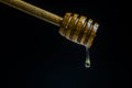 Honey dripping to a honey dipper isolated on a black background.  Concept healthy food. Royalty Free Stock Photo