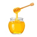 Honey dripping from wooden dipper. Glass jar full of pure honey isolated on white background. Vector illustration