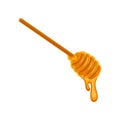 Honey dripping from wooden dipper. Natural product from apiary farm. Sweet and healthy food. flat vector icon