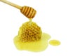 Honey dripping on wooden dipper pouring on honeycomb isolated on a white background, concept of bee products Royalty Free Stock Photo