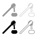 Honey drips from honey spoon into pot Stick with wooden and jar liquid nectar icon outline set black grey color vector