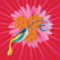 Honey drop flows down from spoon with flower