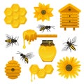 Honey elements collection. Set of beekeeping colorful icons.