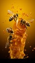 Honey elements merge with cosmic text on yellow natures essence meets imaginative design