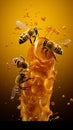 Honey elements merge with cosmic text on yellow natures essence meets imaginative design