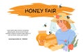 Honey fair or farm festival banner with beekeeper presenting harvest of honey, flat vector.