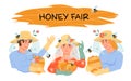 Honey fair or market banner template with beekeepers characters, flat vector.