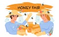 Honey fair poster template with hiver man and woman, flat vector isolated.