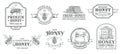 Honey farm badge. Beekeeping logo, retro bee badges and vintage hand drawn mead label vector illustration set