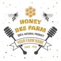 Honey farm badge. Vector. Concept for shirt, print, stamp or tee. Vintage typography design with bee, honeycomb piece