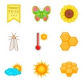 Honey flow icons set, cartoon style