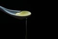 Honey flows from ceramic laboratory spoon to a glass jar, black background