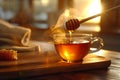 honey flows down a wooden board into a cup of tea, home cooking, warm light Royalty Free Stock Photo