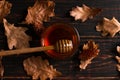 Honey flows from a stick into a jar. Rustic sweet autumn photo, wooden background and dry leaves, copy space