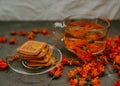 The honey on baked goods. Orange calendula flower tea