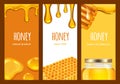 Honey flyers. Sweet realistic honey, honeycomb, gold splashes. Vector farm fresh food banners template