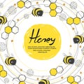 Honey frame with honeycomb and bee. Vector background. Royalty Free Stock Photo