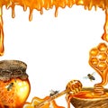 Honey. Frame on the theme of honey. With a wooden barrel, bees, honeycombs, buckwheat flowers. Isolate. watercolor.