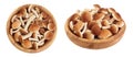 honey fungus mushrooms in wooden bowl isolated on white background with  full depth of field. Top view. Flat lay. Royalty Free Stock Photo