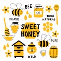 Honey funny doodle set. Beekeeping, apiculture: bee, hive, spoon, honeycomb, jar, pot. Hand drawn vector illustration.