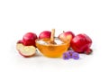 Honey in glass bowl, wooden honey dipper, red apples, garnet and flowers on a white background with space for text Royalty Free Stock Photo