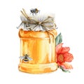 Honey glass jar with bee and flowers watercolor image. Realistic organic healthy nutrition illustration. Honey pot close Royalty Free Stock Photo