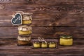 Honey in a glass jar on a dark wooden background Ã¯Â¿Â½halk board