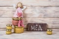 Honey in a glass jar on a light wooden background with a chalkboard ÃÂ¡halk board