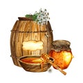 Honey in a glass jar and in a wooden barrel with a bouquet of field daisies. Wooden cup with a spoon for honey