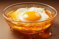 Honey glazed fried egg in glass bowl, framed by radiant yellow backdrop