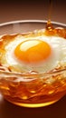 Honey glazed fried egg in glass bowl, framed by radiant yellow backdrop