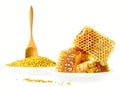 Honey honeycombs and pollen on plates