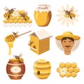 Honey illustration set, a glass jar of honey and a barrel of honey, a beekeeper, honeycomb bees, beehives and flowers Royalty Free Stock Photo