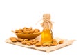 Honey jar and almonds on white background Royalty Free Stock Photo