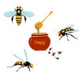 Honey jar and bee bumble bees wasps doodle poster.Cute wooden honey dipper hand drawn vector illustration. Royalty Free Stock Photo