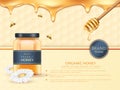 Honey jar, bee honeycomb banner. 3d product packaging ad, bottle blank label, pure organic food. Natural dessert