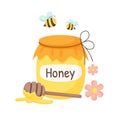 Honey jar with bees, flowers and dipper. Isolated illustration for honey label, products, package design