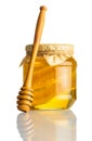 Honey Jar with Comb and Dipper on White