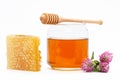 Honey in jar with dipper, honeycomb, flower on isolated background Royalty Free Stock Photo