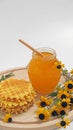 Honey jar. Dips wooden stick to glass bowl with liquid floral fresh honey