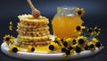 Honey jar. Dips wooden stick to glass bowl with liquid floral fresh honey