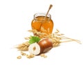 Honey jar, hazelnuts, rolled oats, wheat and oat ears isolated on white background