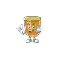 Honey in jar with holding phone character shape.